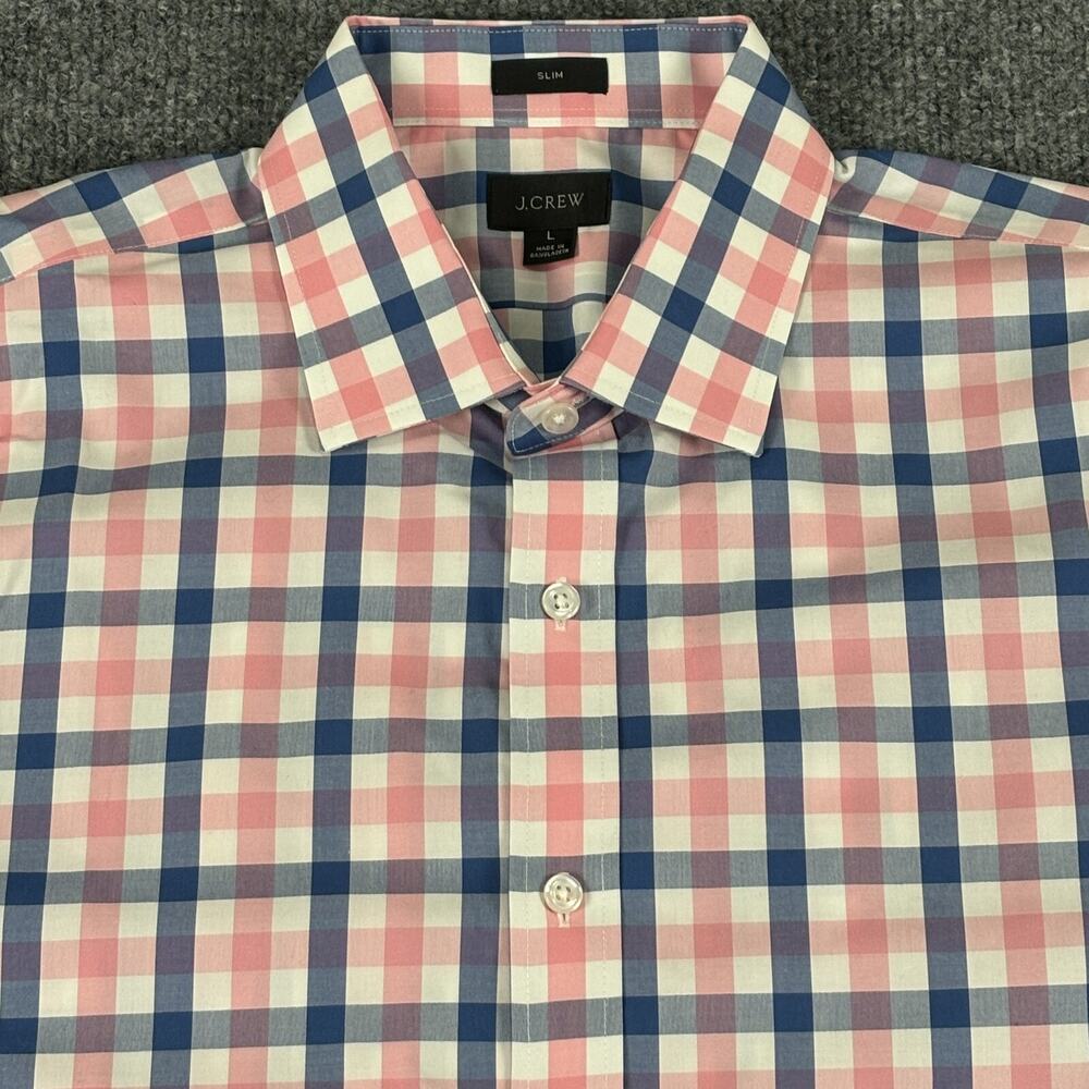 J CREW Bowery wrinkle-free stretch cotton shirt Large Slim AV829 Plaid Pink Blue